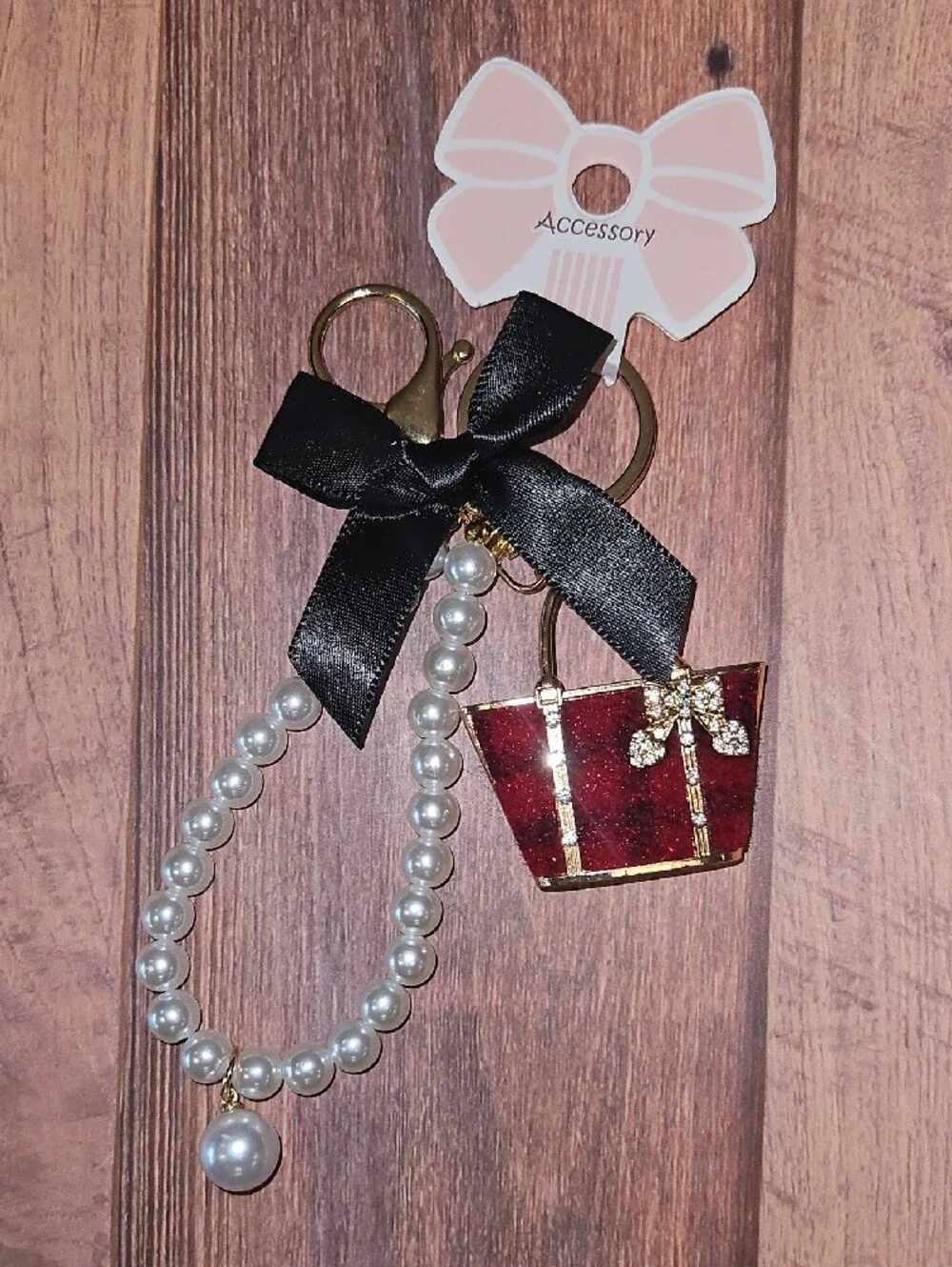 Pearl-Accent Mini Purse Keychain with Black Ribbon New